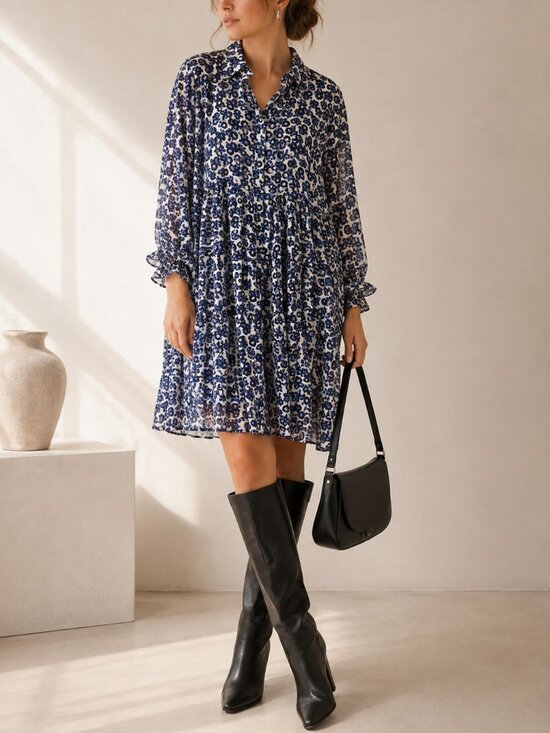 Munthe Dresses & Skirts - MUNTHE Blue White Floral Ruffle Shirt Dress EU 40 US 10